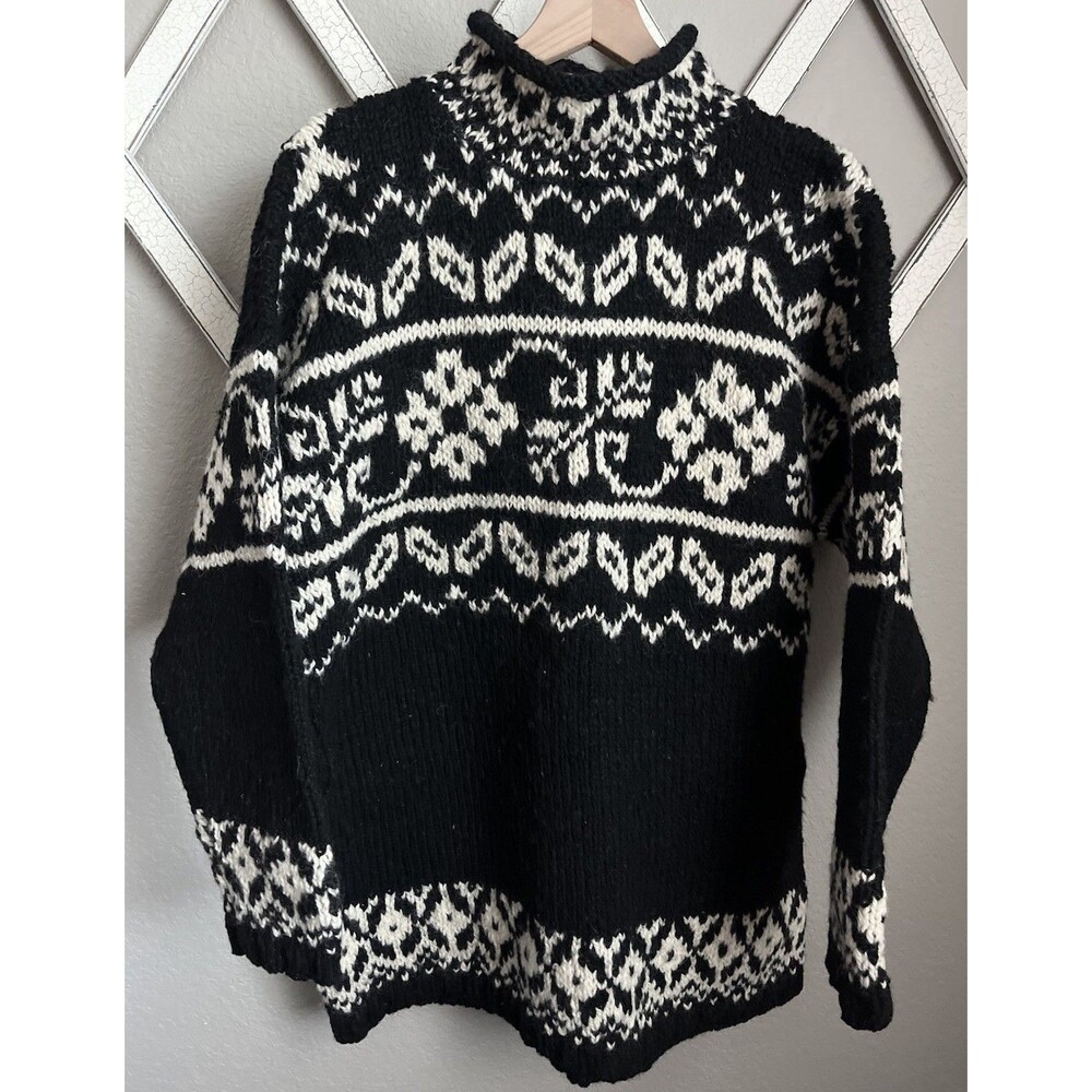 Vintage Express Tricot Women's L Wool Sweater Fair Isle Roll Neck Black/Ivory
